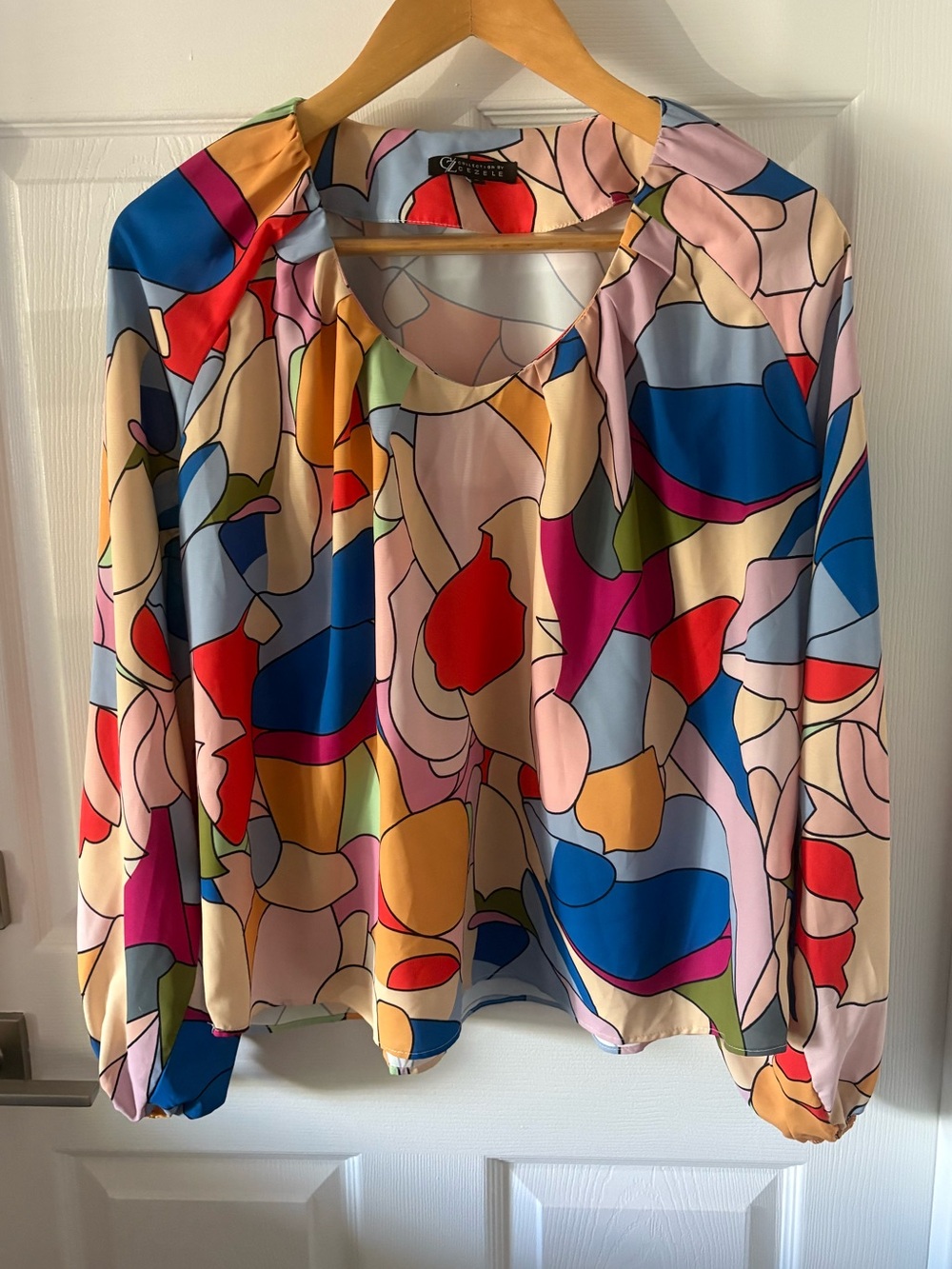 Cezele Abstract Multicolor Stained Glass Flowy Balloon Sleeve Blouse - Size S